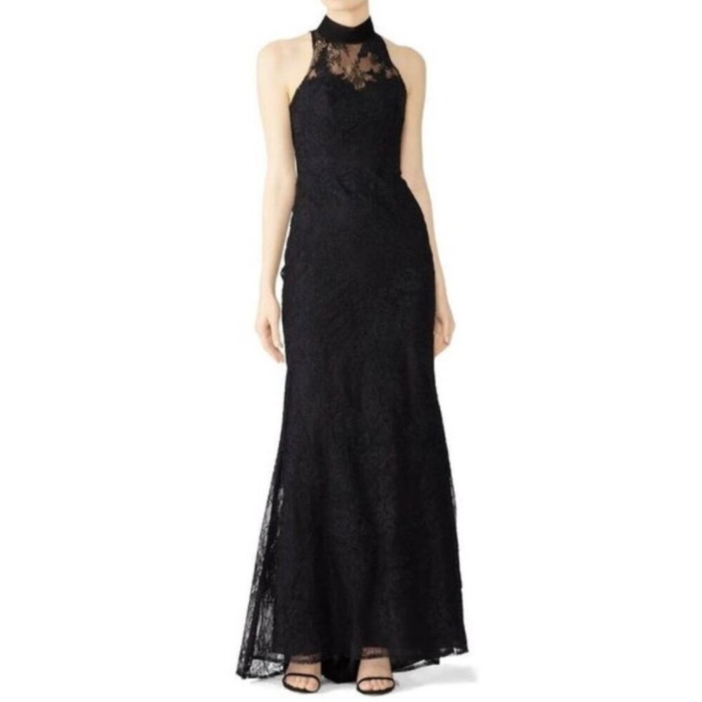 Badgley Mischka Lace Column High Neck Formal Gown Black 2